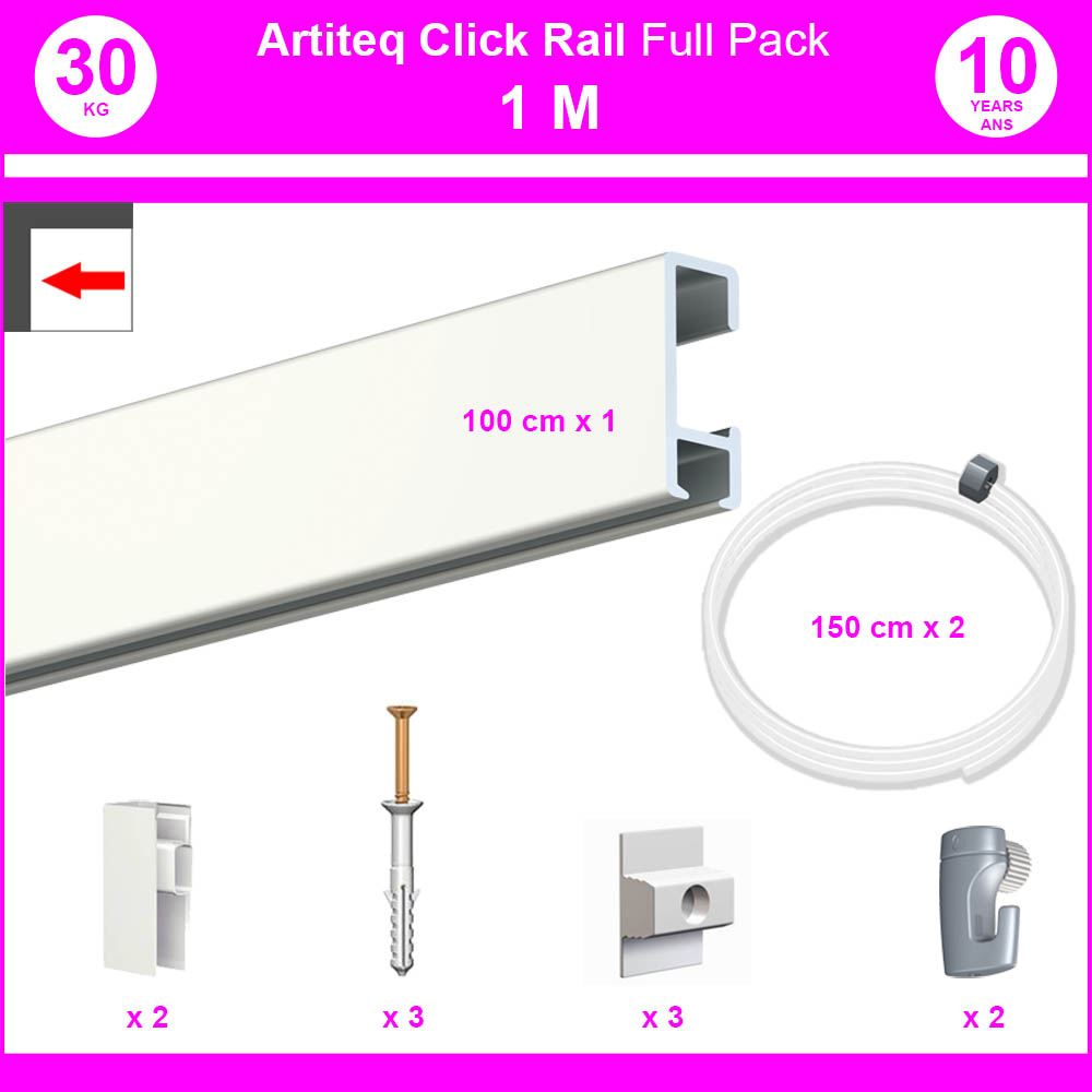 Pack Eco 1 mètre de cimaise Click Rail couleur Blanc laqué - Solution suspension cadres et tableaux