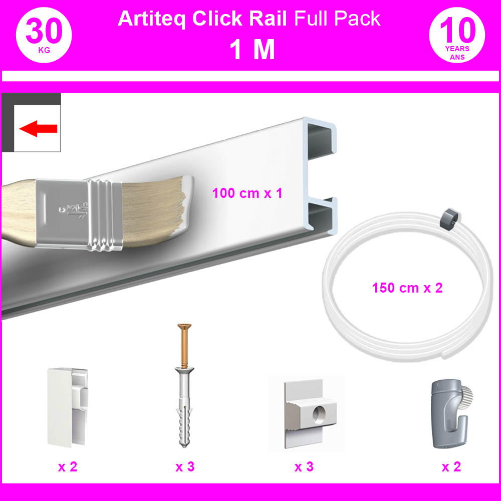 Pack Eco 1 mètre de cimaise Click Rail couleur Blanc (peut être peint) - Solution suspension cadres et tableaux