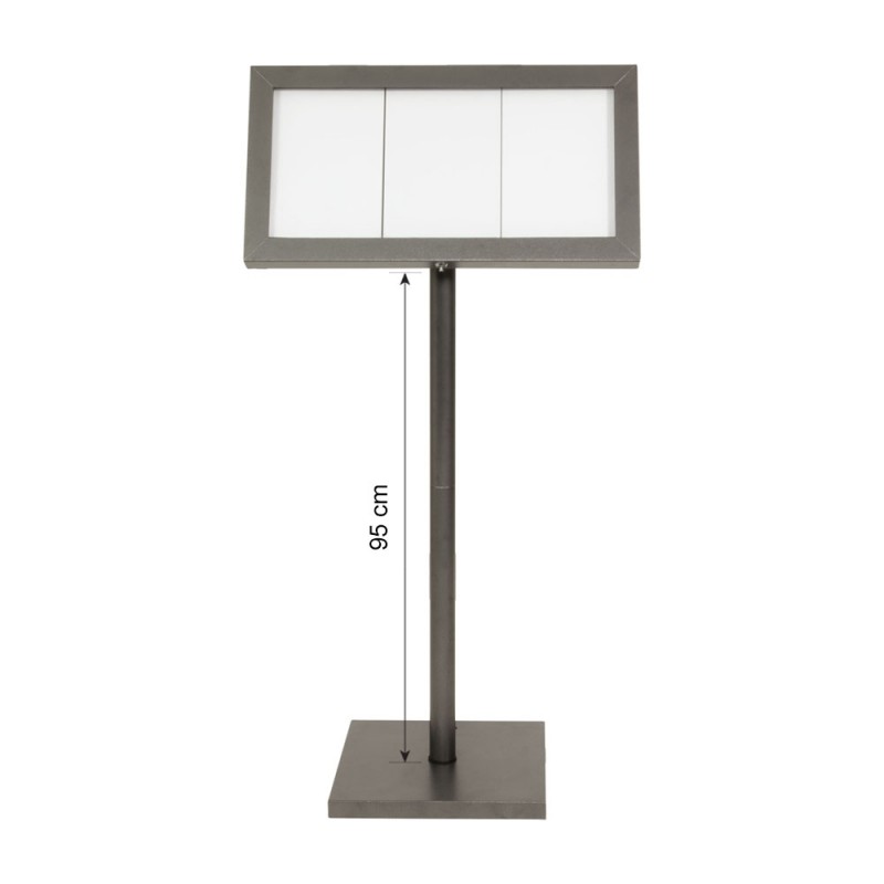 Porte-menu LED gris métallisé format 3 x A4 avec pied hauteur 95 cm - Affichage menu hôtel restaurant