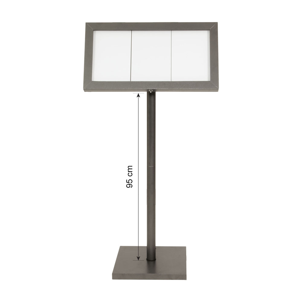 Porte menu LED gris métallisé format 3 x A4 avec pied hauteur 95 cm - Affichage menu hôtel restaurant