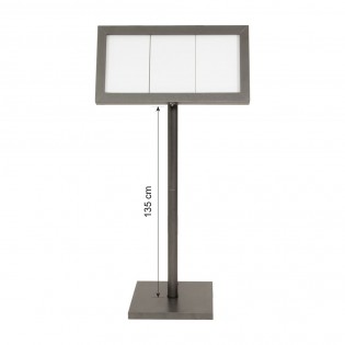 Porte-menu LED gris métallisé format 3 x A4 avec pied hauteur 135 cm - Présentoir menu hôtel restaurant