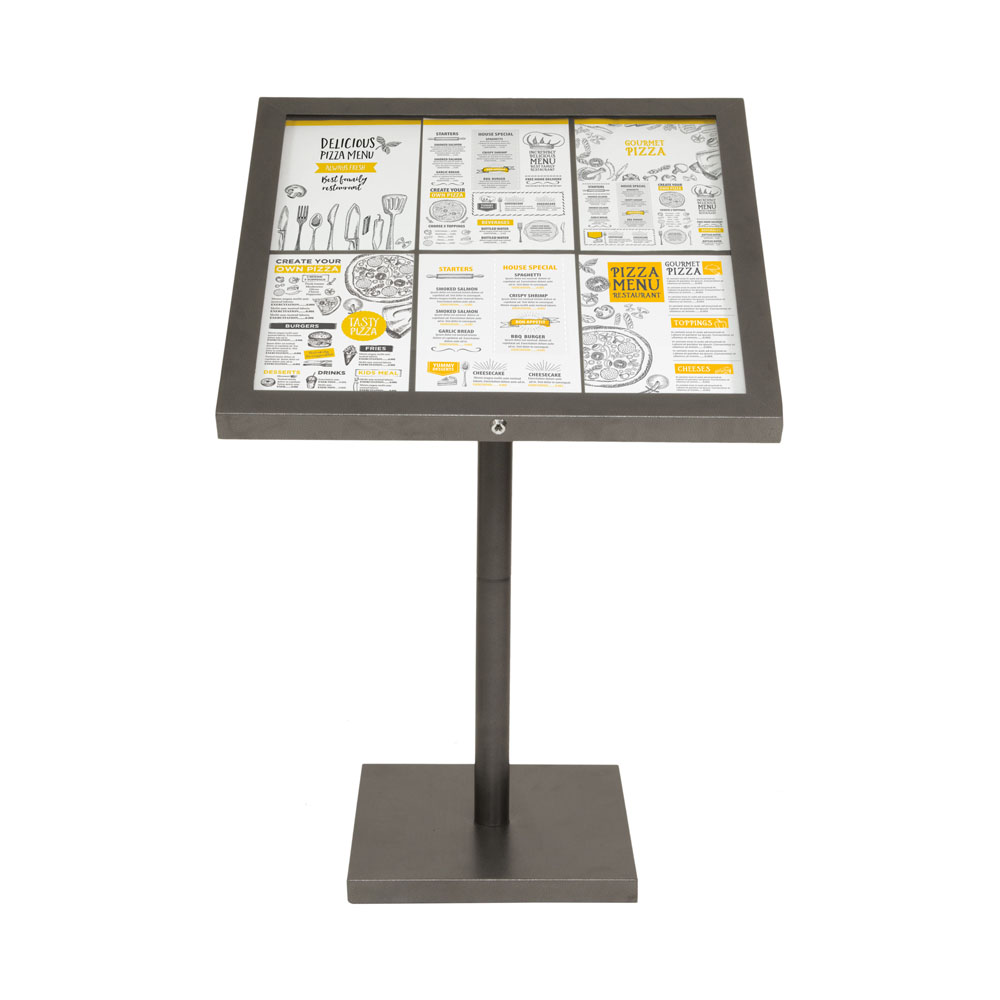 Porte menu LED gris métallisé format 6 x A4 avec pied hauteur 95 cm - Affichage menu hôtel restaurant