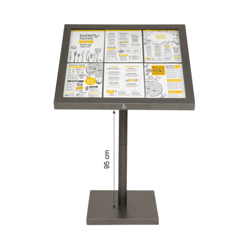 Porte-menu LED gris métallisé format 6 x A4 avec pied hauteur 95 cm - Présentoir menu hôtel restaurant