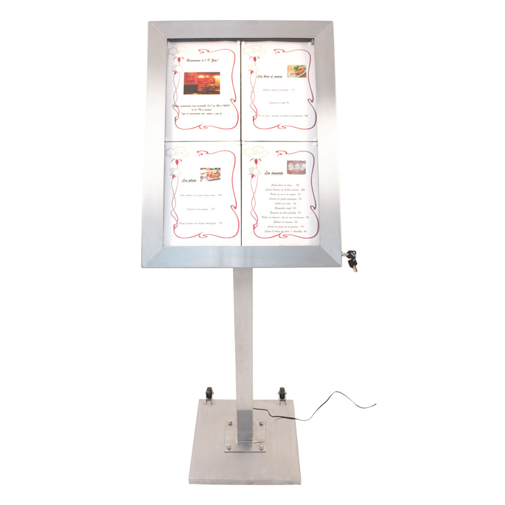 Porte menu LED format 4 x A4 en Inox brossé avec pied hauteur 163 cm