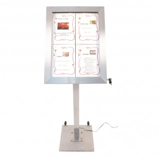 Porte-menu LED format 4 x A4 en Inox brossé avec pied (roulettes intégrées)