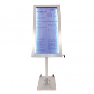Porte-menu LED format 6 x A4 en Inox brossé avec pied (roulettes intégrées)