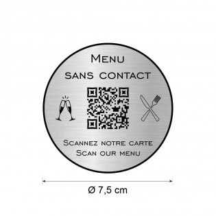 Menu sans contact personnalisé format rond QR Code - Présentation menu hôtel restaurant - Couleur argent brossé