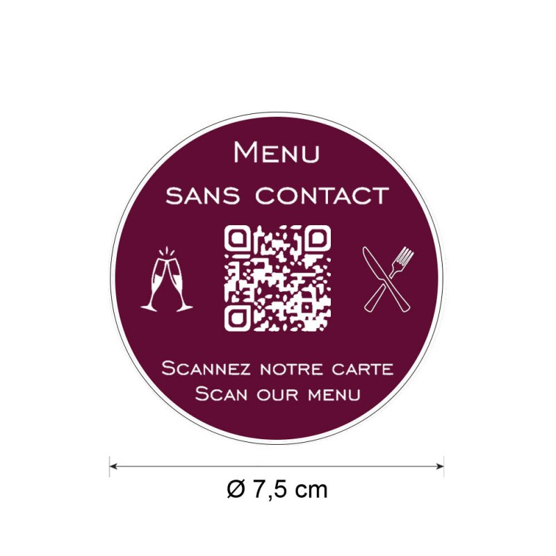 Menu sans contact personnalisé format rond QR Code - Présentation menu hôtel restaurant sans contact - Couleur bordeaux Menu sans contact personnalisé format rond QR Code - Présentation menu hôtel restaurant sans contact - Couleur bordeaux