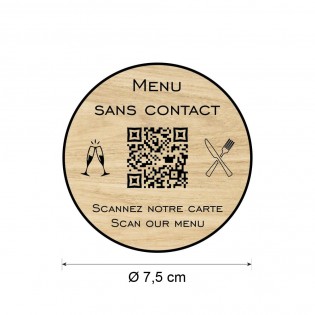 Menu sans contact personnalisé format rond QR Code - Présentation menu hôtel restaurant sans contact - Couleur effet bois clair