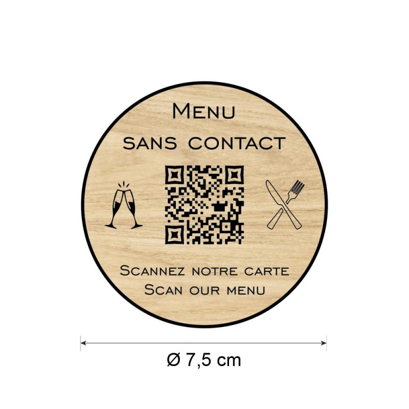 Menu sans contact personnalisé format rond QR Code - Présentation menu hôtel restaurant sans contact - Couleur effet bois clair Menu sans contact personnalisé format rond QR Code - Présentation menu hôtel restaurant sans contact - Couleur effet bois clair