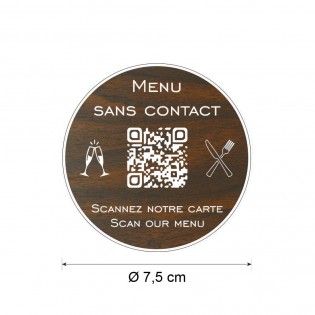 Menu sans contact personnalisé format rond QR Code - Présentation menu hôtel restaurant sans contact - Couleur effet bois foncé