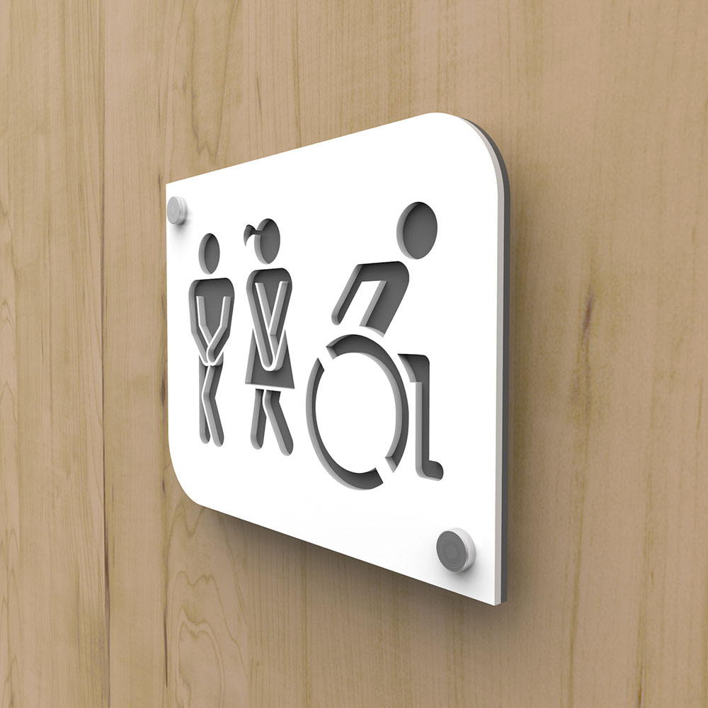 Plaque de porte design toilettes trio hommes / femmes / handicapés PMR - Pictogramme WC homme / femme / PMR