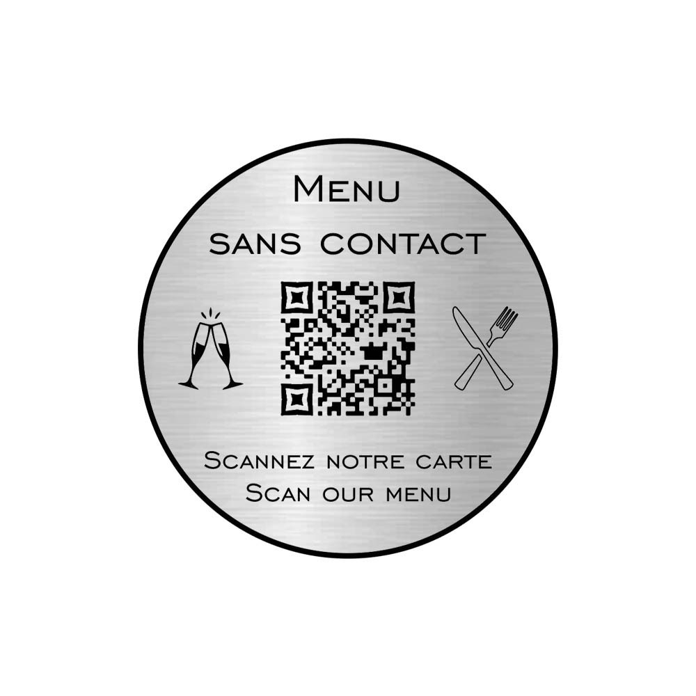 Menu sans contact personnalisé format rond QR Code - Présentation menu hôtel restaurant - Couleur argent brossé