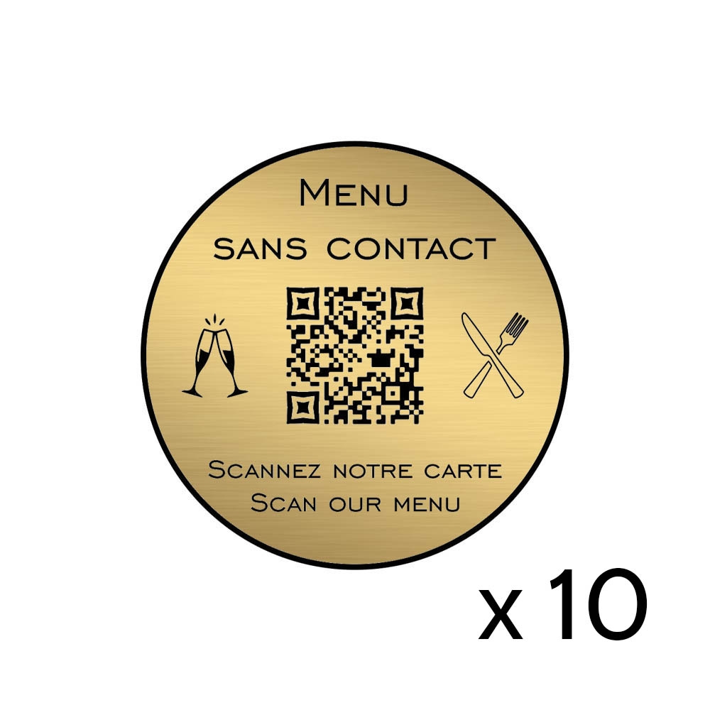 Menu sans contact personnalisé format rond QR Code - Présentation menu hôtel restaurant sans contact - Couleur or brossé