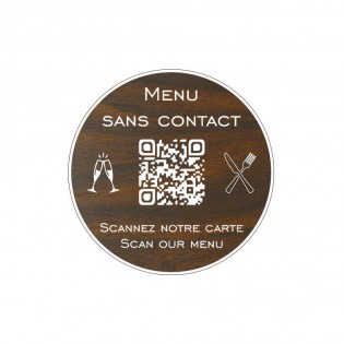 Menu sans contact personnalisé format rond QR Code - Présentation menu hôtel restaurant sans contact - Couleur effet bois foncé