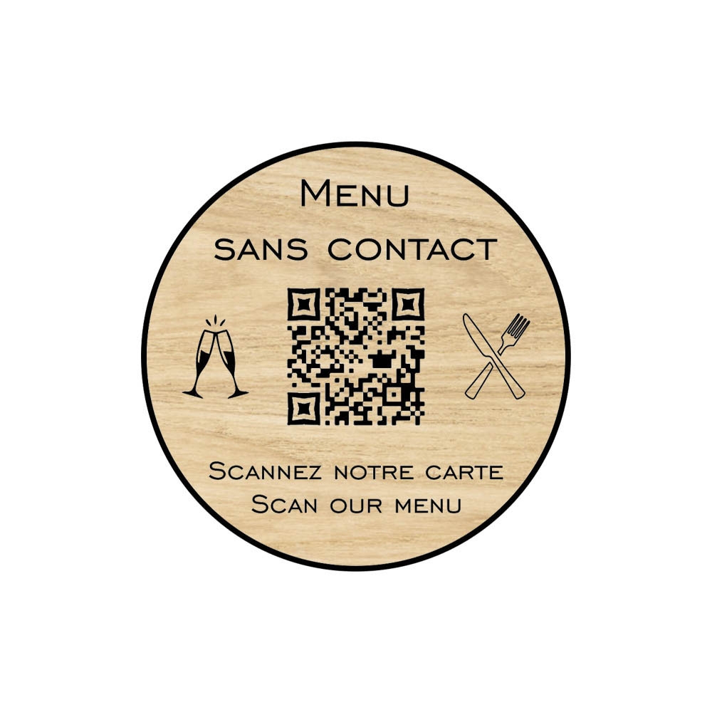 Menu sans contact personnalisé format rond QR Code - Présentation menu hôtel restaurant sans contact - Couleur effet bois clair