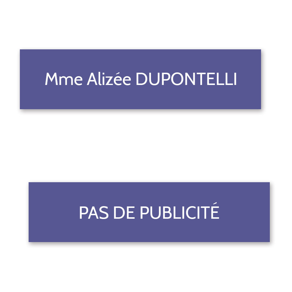 Plaque nom + STOP PUB pour boite aux lettres format Decayeux (100x25mm) violette lettres blanches - 1 ligne