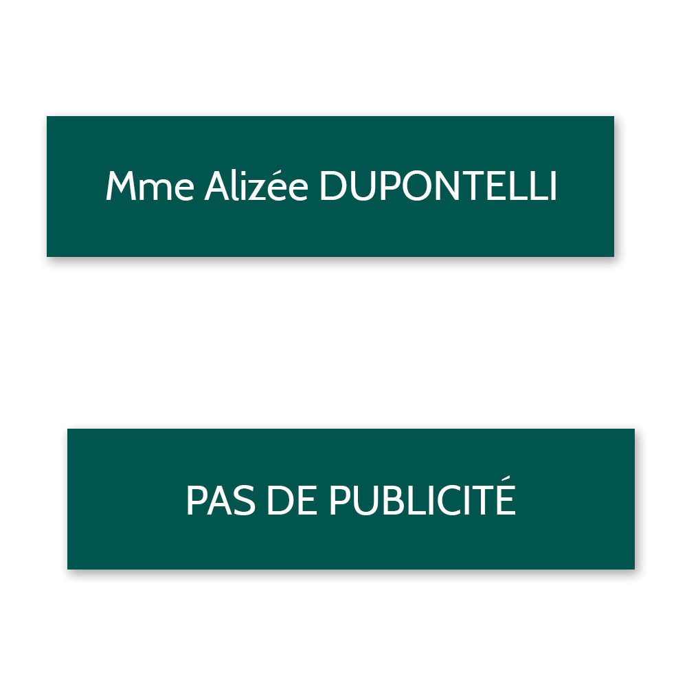 Plaque nom + STOP PUB pour boite aux lettres format Decayeux (100x25mm) vert foncé lettres blanches - 1 ligne