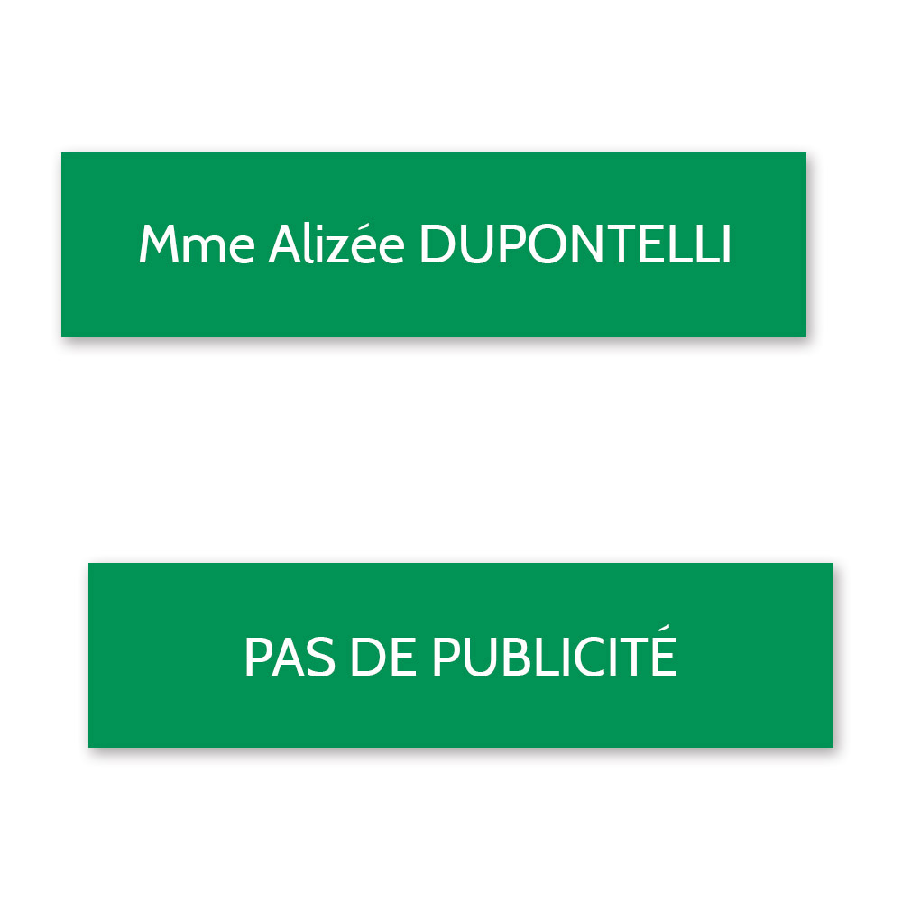 Plaque nom + STOP PUB pour boite aux lettres format Decayeux (100x25mm) vert pomme lettres blanches - 1 ligne