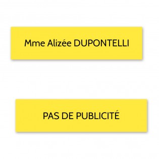 Plaque nom + STOP PUB pour boite aux lettres format Decayeux (100x25mm) jaune lettres noires - 1 ligne