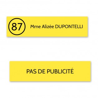 Plaque nom et numéro + Plaque STOP PUB pour boite aux lettres format Decayeux jaune lettres noires - 1 ligne