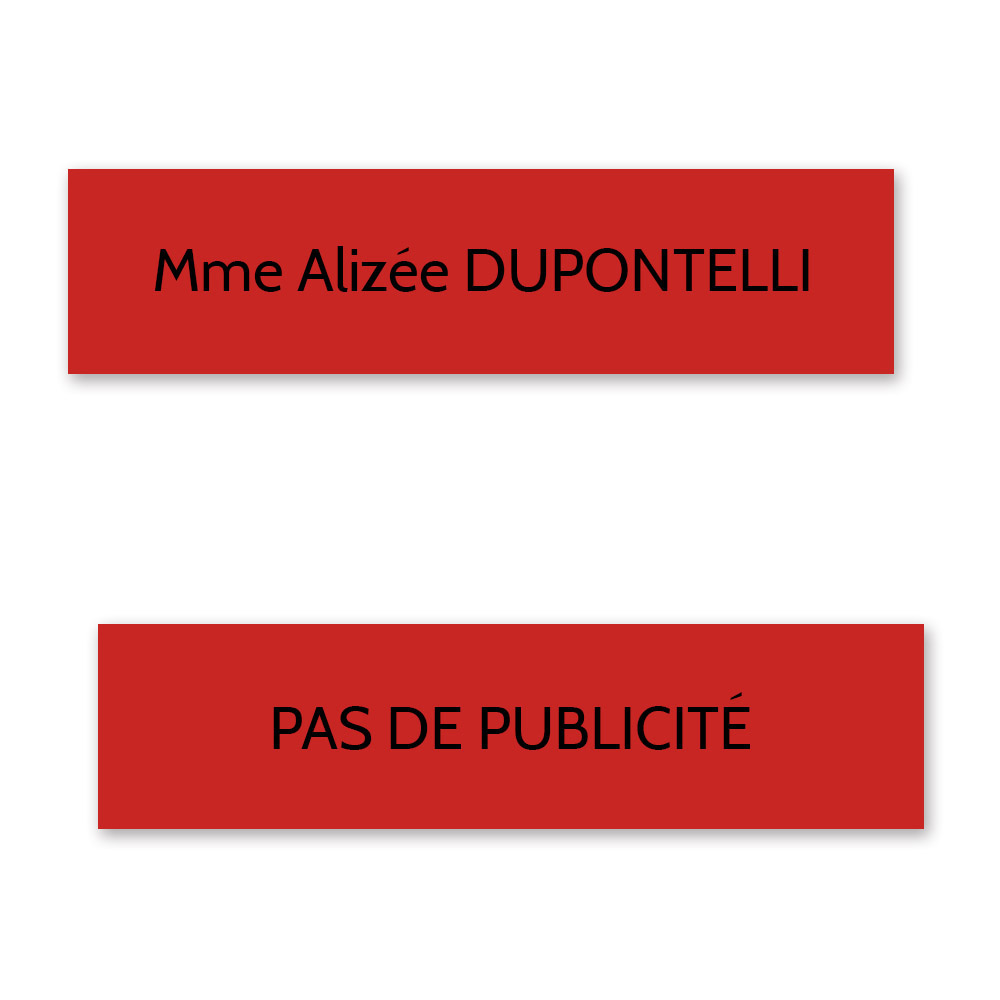 Plaque nom + STOP PUB pour boite aux lettres format Decayeux (100x25mm) rouge lettres noires - 1 ligne