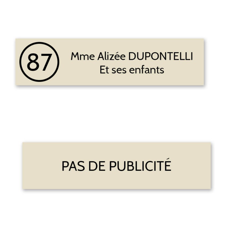 Plaque nom avec numéro + Plaque Stop Pub pour boite aux lettres format Decayeux (100x25mm) beige lettres noires - 2 lignes