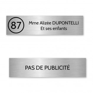 Plaque nom avec numéro + Plaque Stop Pub pour boite aux lettres format Decayeux (100x25mm) gris argent lettres noires - 2 lignes
