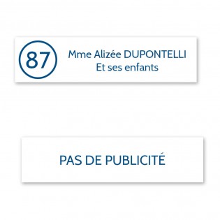 Plaque nom avec numéro + Plaque Stop Pub pour boite aux lettres format Decayeux (100x25mm) blanche lettres bleues - 2 lignes