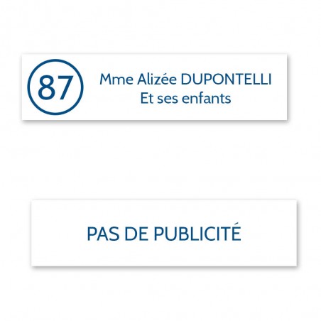 Plaque nom avec numéro + Plaque Stop Pub pour boite aux lettres format Decayeux (100x25mm) blanche lettres bleues - 2 lignes