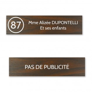 Plaque nom avec numéro + Plaque Stop Pub boite aux lettres format Decayeux (100x25mm) effet bois foncé 2 lignes