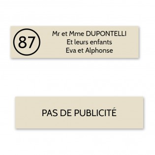 Plaque nom avec numéro + Plaque Stop Pub pour boite aux lettres format Decayeux (100x25mm) beige lettres noires - 3 lignes