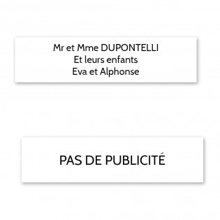 Plaque nom + Plaque Stop Pub pour boite aux lettres format Decayeux (100x25mm) blanche lettres noires - 3 lignes