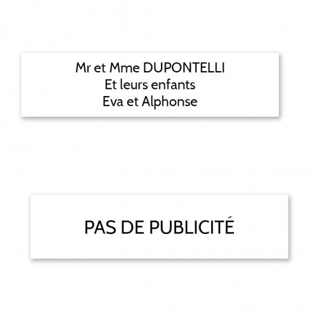 Plaque nom + Plaque Stop Pub pour boite aux lettres format Decayeux (100x25mm) blanche lettres noires - 3 lignes