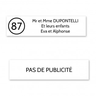 Plaque nom avec numéro + Plaque Stop Pub pour boite aux lettres format Decayeux (100x25mm) blanche lettres noires - 3 lignes