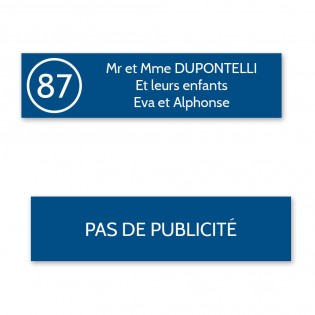 Plaque nom avec numéro + Plaque Stop Pub pour boite aux lettres format Decayeux (100x25mm) bleue lettres blanches - 3 lignes