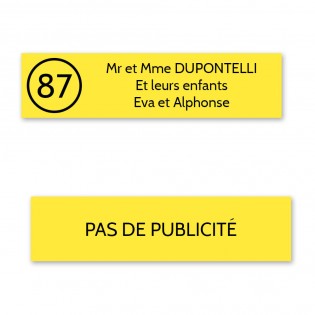 Plaque nom avec numéro + Plaque Stop Pub pour boite aux lettres format Decayeux (100x25mm) jaune lettres noires - 3 lignes