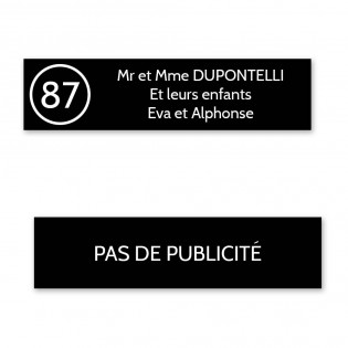 Plaque nom avec numéro + Plaque Stop Pub pour boite aux lettres format Decayeux (100x25mm) noire lettres blanches - 3 lignes