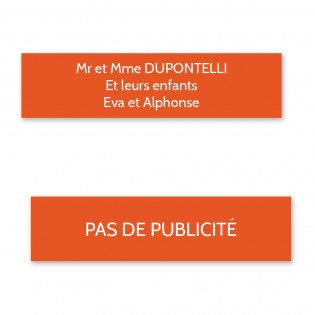 Plaque nom + Plaque Stop Pub pour boite aux lettres format Decayeux (100x25mm) orange lettres blanches - 3 lignes