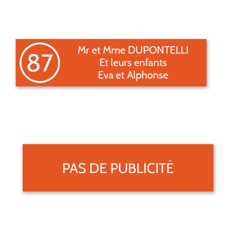 Plaque nom avec numéro + Plaque Stop Pub pour boite aux lettres format Decayeux (100x25mm) orange lettres blanches - 3 lignes