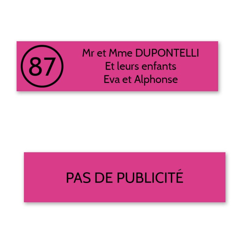 Plaque nom avec numéro + Plaque Stop Pub pour boite aux lettres format Decayeux (100x25mm) rose lettres noires - 3 lignes