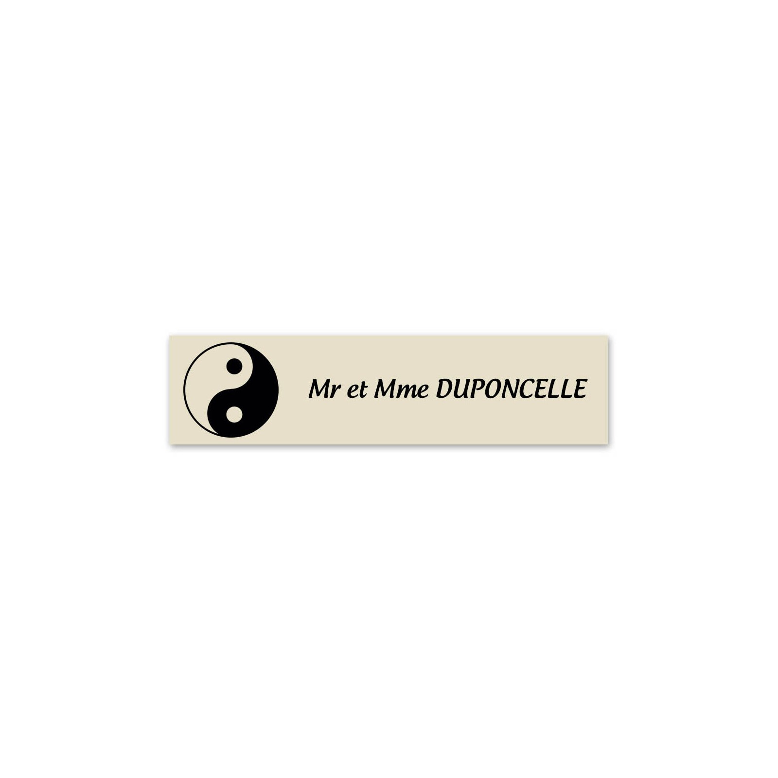 Plaque nom 1 ligne et symbole YIN YANG pour boite aux lettres type Decayeux (100x25mm) couleur beige lettres noires