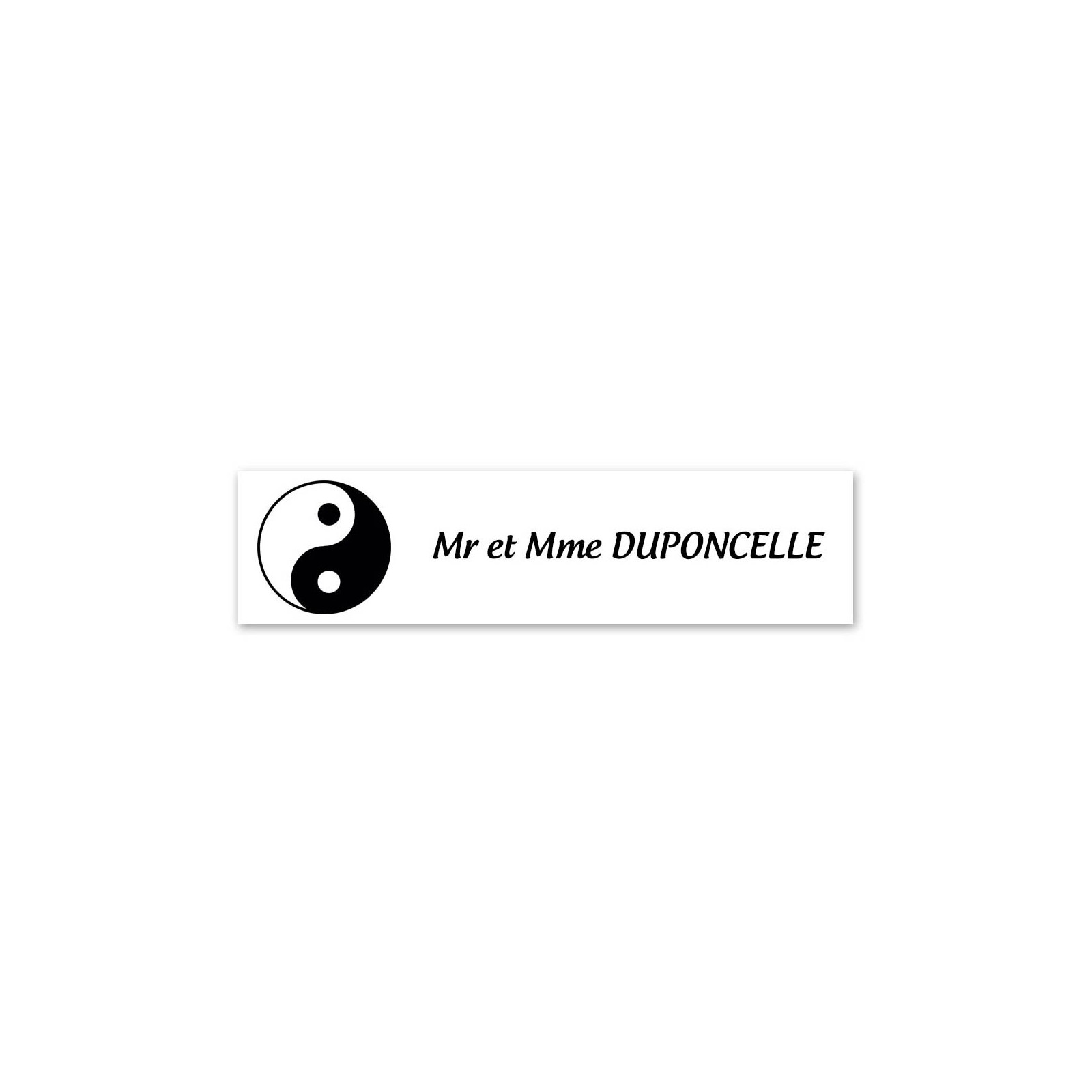 Plaque nom 1 ligne et symbole YIN YANG pour boite aux lettres type Decayeux (100x25mm) couleur blanche lettres noires