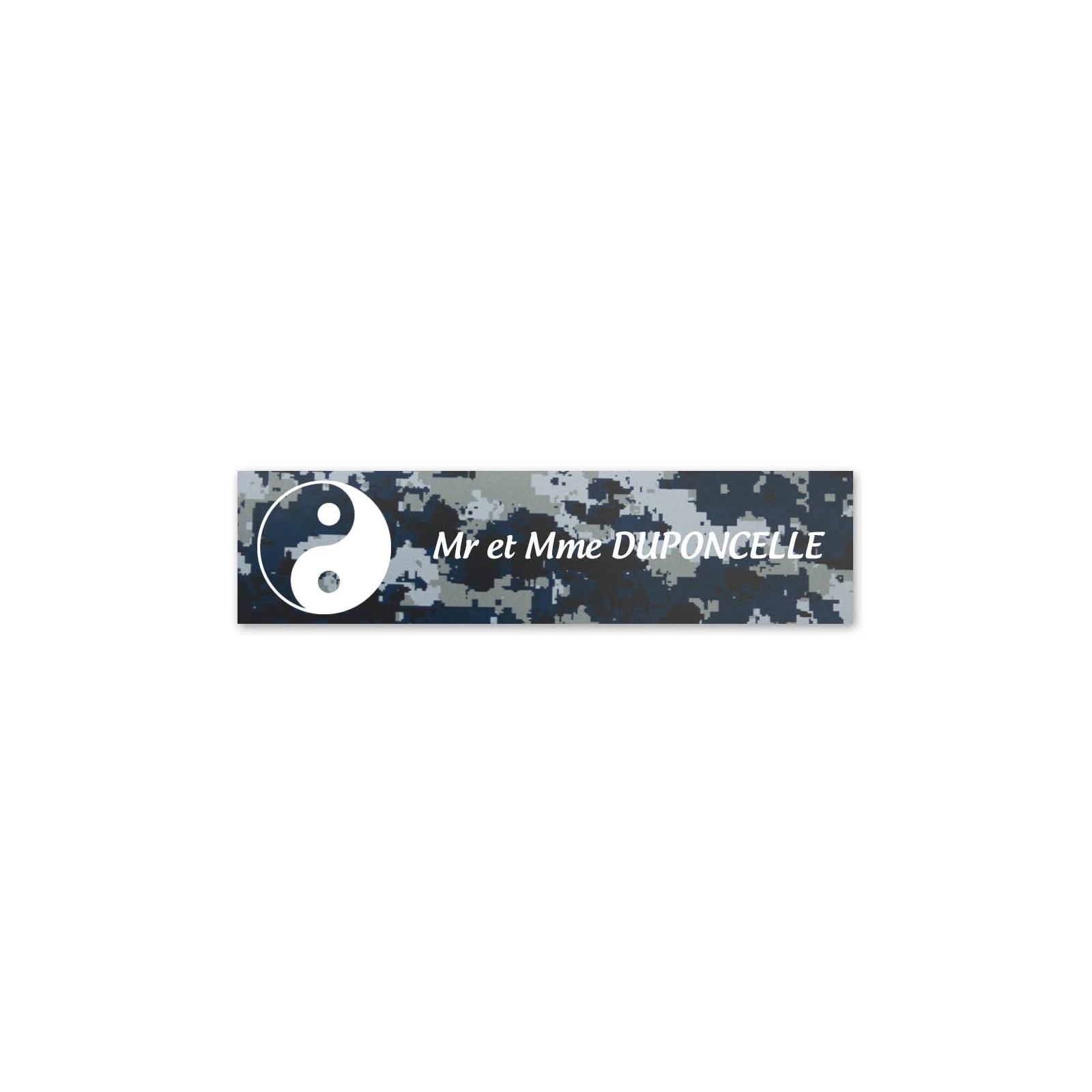 Plaque nom 1 ligne et symbole YIN YANG pour boite aux lettres type Decayeux (100x25mm) texture camouflage bleu