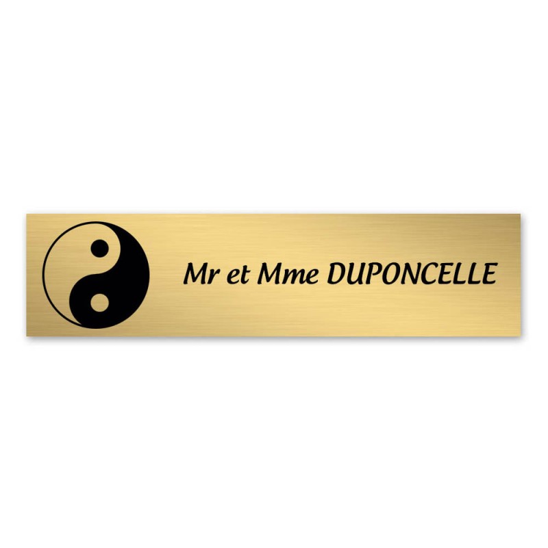 Plaque nom 1 ligne et symbole YIN YANG pour boite aux lettres type Decayeux (100x25mm) couleur or brossé Plaque nom 1 ligne et symbole YIN YANG pour boite aux lettres type Decayeux (100x25mm) couleur or brossé