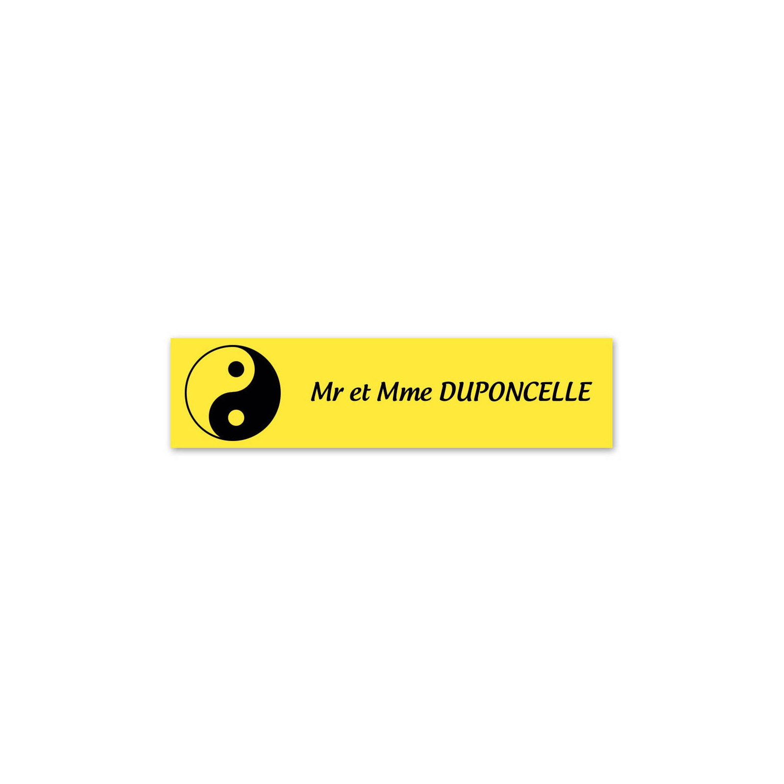 Plaque nom 1 ligne et symbole YIN YANG pour boite aux lettres type Decayeux (100x25mm) couleur jaune lettres noires