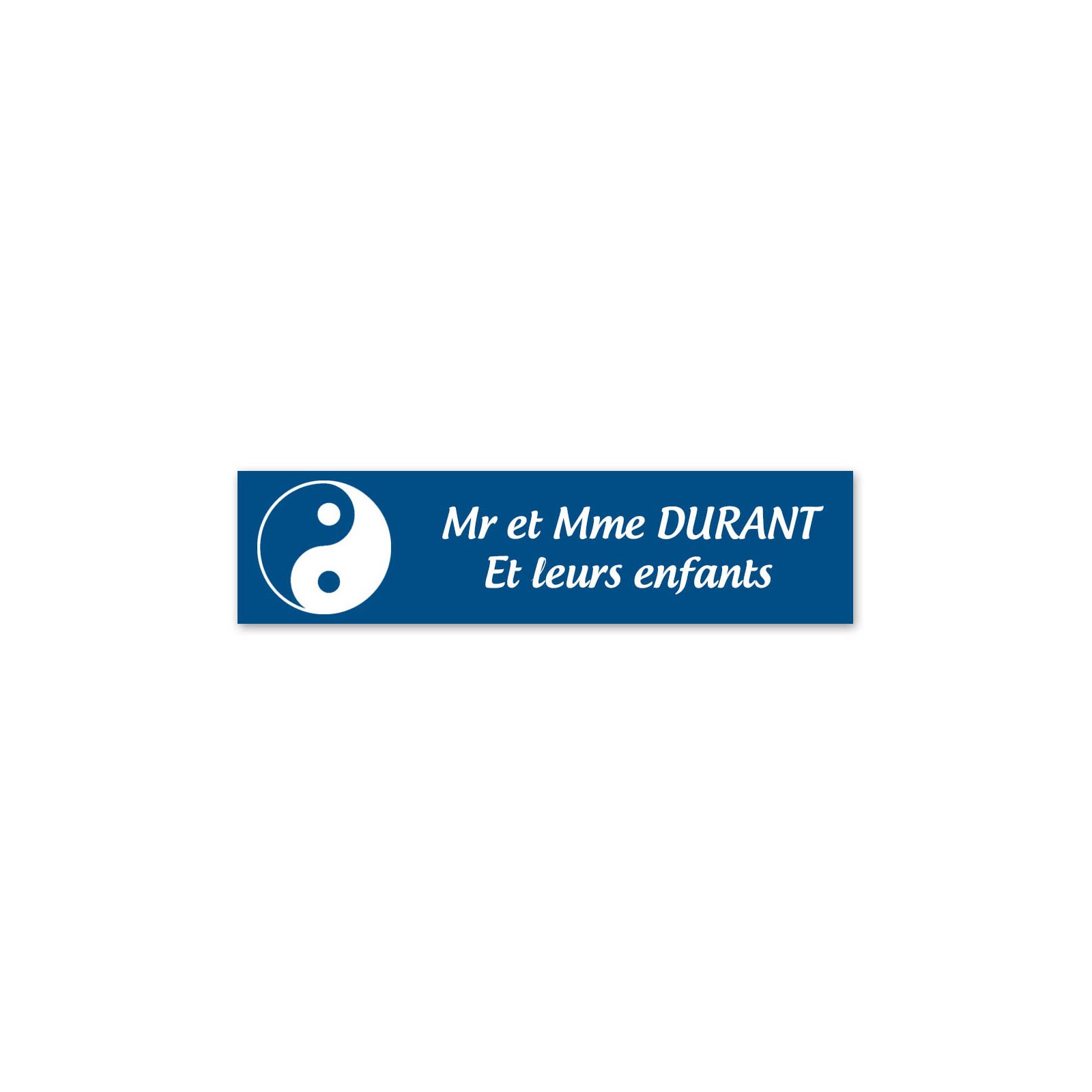 Plaque nom 2 lignes et symbole YIN YANG pour boite aux lettres type Decayeux (100x25mm) couleur bleue lettres blanches