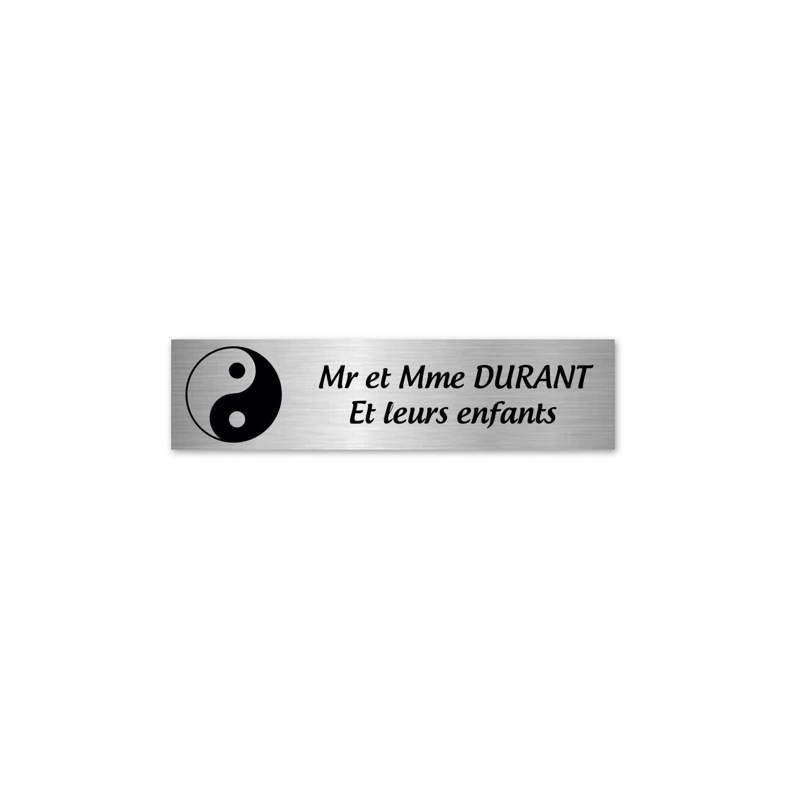 Plaque nom 2 lignes et symbole YIN YANG pour boite aux lettres type Decayeux (100x25mm) couleur argent brossé