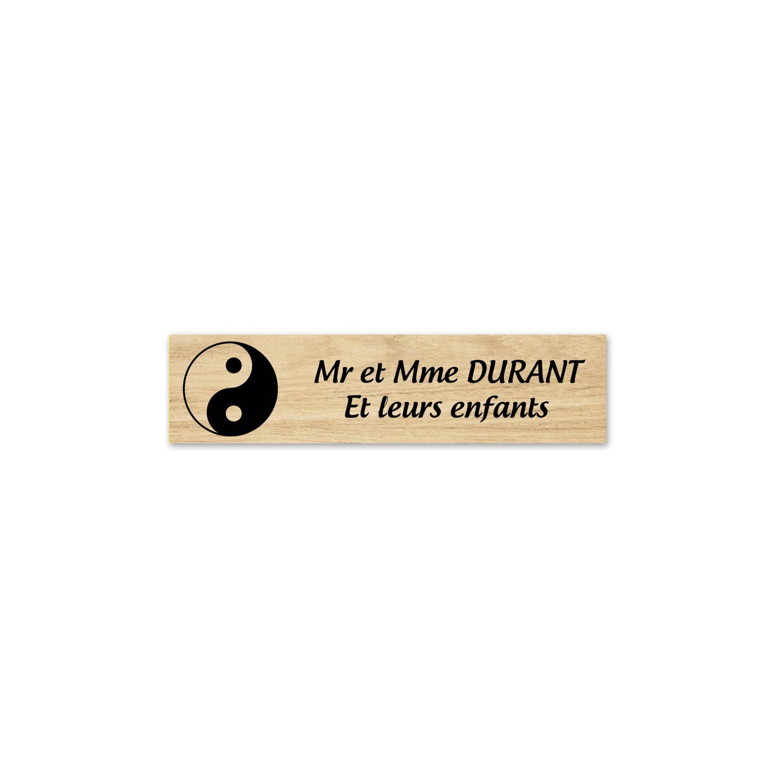 Plaque nom 2 lignes et symbole YIN YANG pour boite aux lettres type Decayeux (100x25mm) effet bois clair