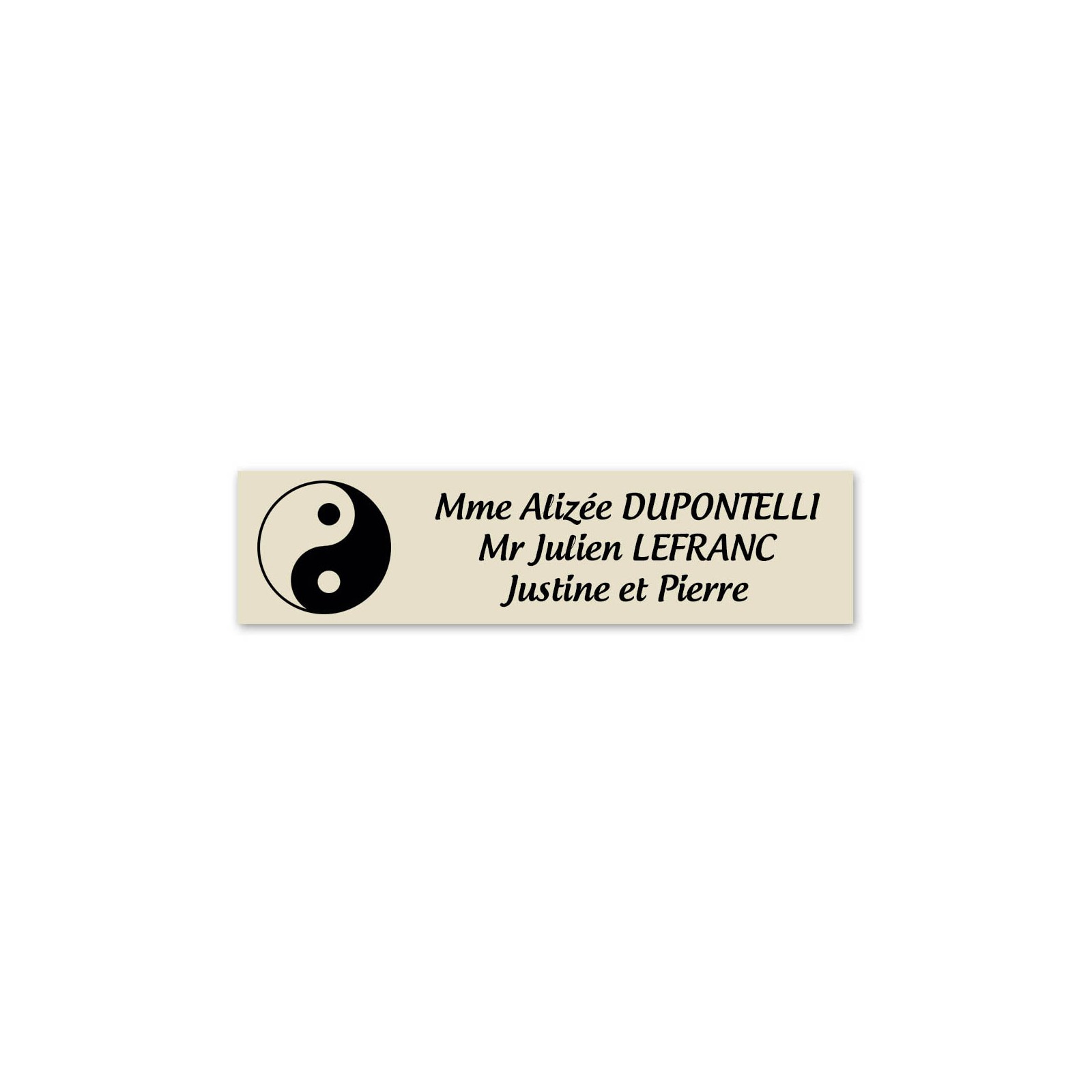 Plaque nom 3 lignes et symbole YIN YANG pour boite aux lettres type Decayeux (100x25mm) couleur beige lettres noires